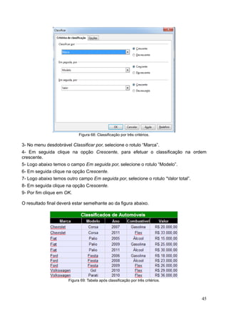 Figura 68: Classificação por três critérios.
3- No menu desdobrável Classificar por, selecione o rotulo “Marca”.
4- Em seguida clique na opção Crescente, para efetuar o classificação na ordem
crescente.
5- Logo abaixo temos o campo Em seguida por, selecione o rotulo “Modelo”.
6- Em seguida clique na opção Crescente.
7- Logo abaixo temos outro campo Em seguida por, selecione o rotulo “Valor total”.
8- Em seguida clique na opção Crescente.
9- Por fim clique em OK.
O resultado final deverá estar semelhante ao da figura abaixo.
Figura 69: Tabela após classificação por três critérios.
45
 