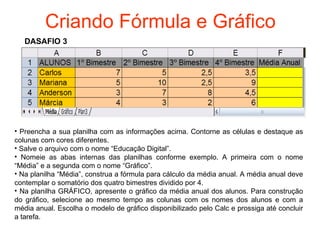 Criando Fórmula e Gráfico Preencha a sua planilha com as informações acima. Contorne as células e destaque as colunas com cores diferentes.  Salve o arquivo com o nome “Educação Digital”. Nomeie as abas internas das planilhas conforme exemplo. A primeira com o nome “Média” e a segunda com o nome “Gráfico”. Na planilha “Média”, construa a fórmula para cálculo da média anual. A média anual deve contemplar o somatório dos quatro bimestres dividido por 4.  Na planilha GRÁFICO, apresente o gráfico da média anual dos alunos. Para construção do gráfico, selecione ao mesmo tempo as colunas com os nomes dos alunos e com a média anual. Escolha o modelo de gráfico disponibilizado pelo Calc e prossiga até concluir a tarefa. DASAFIO 3 