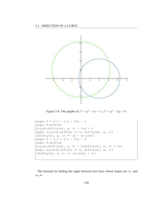 5.1. DIRECTION OF A CURVE




        Figure 5.4: The graphs of x2 + y 2 − 4x = 1, x2 + y 2 − 2y = 9.


sage: F = xˆ2 + yˆ2 - 4*x - 1
sage: F.diff(x)
2*y(x)*diff(y(x), x, 1) + 2*x - 4
sage: solve(F.diff(x) == 0, diff(y(x), x, 1))
[diff(y(x), x, 1) == (2 - x)/y(x)]
sage: G = xˆ2 + yˆ2 - 2*y - 9
sage: G.diff(x)
2*y(x)*diff(y(x), x, 1) - 2*diff(y(x), x, 1) + 2*x
sage: solve(G.diff(x) == 0, diff(y(x), x, 1))
[diff(y(x), x, 1) == -x/(y(x) - 1)]




 The formula for ﬁnding the angle between two lines whose slopes are m1 and
m2 is

                                     120
 