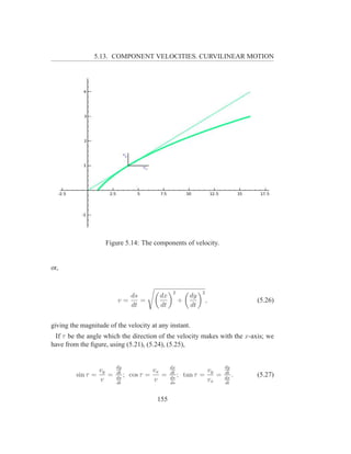 5.13. COMPONENT VELOCITIES. CURVILINEAR MOTION




                    Figure 5.14: The components of velocity.


or,


                                               2              2
                               ds       dx               dy
                        v=        =                +              ,          (5.26)
                               dt       dt               dt

giving the magnitude of the velocity at any instant.
 If τ be the angle which the direction of the velocity makes with the x-axis; we
have from the ﬁgure, using (5.21), (5.24), (5.25),


                        dy                    dx                      dy
                 vy     dt             vx     dt               vy     dt
         sin τ =    =   ds
                             ; cos τ =    =   ds
                                                 ;     tan τ =    =   dx
                                                                         .   (5.27)
                 v      dt
                                       v      ds
                                                               vx     dt


                                       155
 