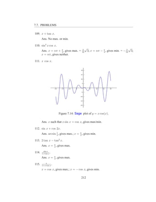 7.7. PROBLEMS

109. x + tan x.
       Ans. No max. or min.

110. sin3 x cos x.
                                              √                                     √
       Ans. x = nπ + π , gives max. =
                       3
                                          3
                                         16
                                                  3; x = nπ − π , gives min. = − 16 3;
                                                              3
                                                                                  3

       x = nπ, gives neither.

111. x cos x.




                     Figure 7.14: Sage plot of y = x cos(x).

       Ans. x such that x sin x = cos x, gives max/min.

112. sin x + cos 2x.
       Ans. arcsin 1 , gives max.; x = π , gives min.
                   4                   2

113. 2 tan x − tan2 x.
       Ans. x = π , gives max.
                4

        sin x
114.   1+tan x
               .
       Ans. x = π , gives max.
                4

          x
115.   1+x tan x
                 .
       x = cos x, gives max.; x = − cos x, gives min.

                                        212
 