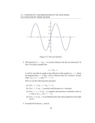 2.7. CONTINUITY AND DISCONTINUITY OF FUNCTIONS
ILLUSTRATED BY THEIR GRAPHS




                         Figure 2.3: The sine function.

  4. The function ln x = loge x is closely related to the last one discussed. In
     fact, if we plot its graph from

                                     y = loge x,
     it will be seen that its graph is the reﬂection of the graph of y = ex about
     the diagonal (the x = y line). (This is because they are “inverses” of each
     other: loge (ex ) = x and eloge x = x.)
     Here we see the following facts pictured:

      (a) For x = 1, loge x = loge 1 = 0.
      (b) For x > 1, loge x is positive and increases as x increases.
      (c) For 1 > x > 0, loge x is negative and increases in absolute value as
          x, that is, limx→0 log x = −∞.
      (d) For x ≤ 0, loge x is not deﬁned; hence the entire graph lies to the right
          of OY .

                           1
  5. Consider the function x , and set

                                         20
 