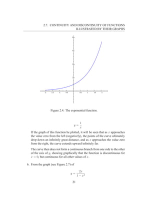 2.7. CONTINUITY AND DISCONTINUITY OF FUNCTIONS
                                ILLUSTRATED BY THEIR GRAPHS




                   Figure 2.4: The exponential function.



                                            1
                                      y=
                                            x
   If the graph of this function be plotted, it will be seen that as x approaches
   the value zero from the left (negatively), the points of the curve ultimately
   drop down an inﬁnitely great distance, and as x approaches the value zero
   from the right, the curve extends upward inﬁnitely far.
   The curve then does not form a continuous branch from one side to the other
   of the axis of y, showing graphically that the function is discontinuous for
   x = 0, but continuous for all other values of x.

6. From the graph (see Figure 2.7) of

                                            2x
                                   y=
                                          1 − x2

                                     21
 