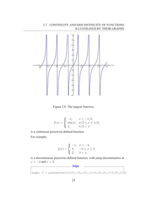 2.7. CONTINUITY AND DISCONTINUITY OF FUNCTIONS
                            ILLUSTRATED BY THEIR GRAPHS




                 Figure 2.8: The tangent function.


                          
                           −1,     x < −π/2,
                  f (x) =   sin(x), π/2 ≤ x ≤ π/2,
                            1,      π/2 < x.
                          

is a continuous piecewise-deﬁned function.
For example,
                             
                              −1, x < −2,
                     f (x) =   3,  −2 ≤ x ≤ 3,
                               2,  3 < x.
                             

is a discontinuous piecewise-deﬁned function, with jump discontinuities at
x = −2 and x = 3.
                                 Sage

sage: f = piecewise([[(-5,-2),-1],[(-2,3),3],[(3,5),2]])

                                25
 