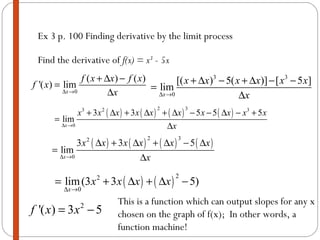 Ex 3 p. 100 Finding derivative by the limit process Find the derivative of  f(x) = x 3  - 5x This is a function which can output slopes for any x chosen on the graph of f(x);  In other words, a function machine! 