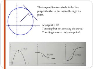The tangent line to a circle is the line perpendicular to the radius through the point. A tangent is ??? Touching but not crossing the curve? Touching curve at only one point? 