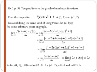 Ex 2 p. 98 Tangent lines to the graph of nonlinear functions To avoid doing the same kind of thing twice, let (c, f(c)) be some arbitrary point on graph. Find the slopes for  at (0, 1) and (-1, 2) So for (0, 1), c=0 and m=2 ٠ 0;  for (-1, 2), c= -1 and m=2 ٠ -1 