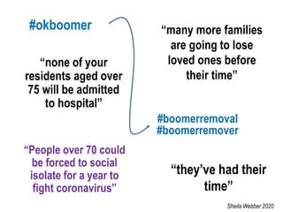 “many more families
are going to lose
loved ones before
their time”
#okboomer
#boomerremoval
#boomerremover
“they’ve had their
time”
“People over 70 could
be forced to social
isolate for a year to
fight coronavirus”
“none of your
residents aged over
75 will be admitted
to hospital”
Sheila Webber 2020
 