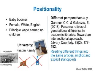 Positionality
• Baby boomer
• Female, White, English
• Principle wage earner, no
children
University:
First in Family
Different perspectives e.g.
Gardner, C.C. & Galoozis, E.
(2018). False narratives of
generational difference in
academic libraries: Toward an
intersectional approach.
Library Quarterly, 88(2), 177-
192.
Reading different things into
the same articles; implicit and
explicit standpoints
Saunders (2009)
Sheila Webber 2020
 