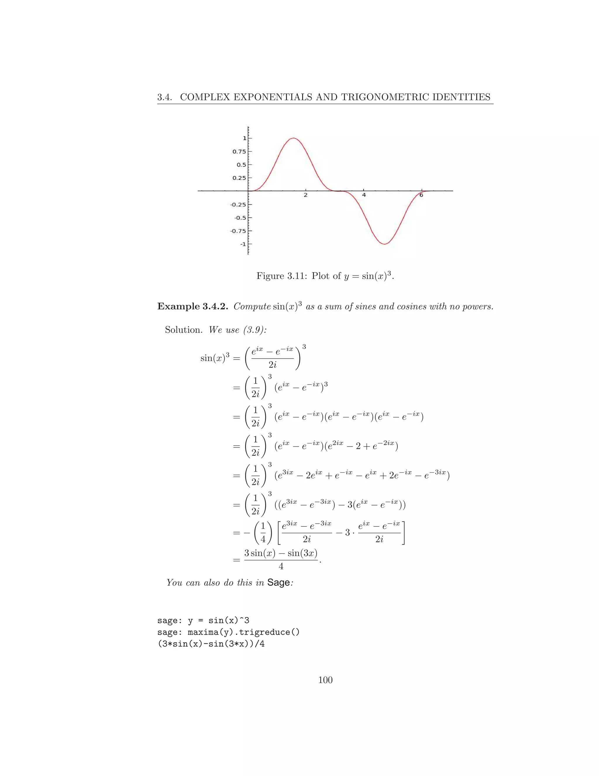 3.4. COMPLEX EXPONENTIALS AND TRIGONOMETRIC IDENTITIES




                         Figure 3.11: Plot of y = sin(x)3 .


Example 3.4.2. Compute sin(x)3 as a sum of sines and cosines with no powers.

 Solution. We use (3.9):
                                        3
               3        eix − e−ix
         sin(x) =
                            2i
                             3
                        1
                   =             (eix − e−ix )3
                        2i
                             3
                        1
                   =             (eix − e−ix )(eix − e−ix )(eix − e−ix )
                        2i
                             3
                        1
                   =             (eix − e−ix )(e2ix − 2 + e−2ix )
                        2i
                             3
                        1
                   =             (e3ix − 2eix + e−ix − eix + 2e−ix − e−3ix )
                        2i
                             3
                        1
                   =             ((e3ix − e−3ix ) − 3(eix − e−ix ))
                        2i
                          1    e3ix − e−3ix     eix − e−ix
                   =−                       −3·
                          4         2i              2i
                     3 sin(x) − sin(3x)
                   =                    .
                              4
 You can also do this in Sage:


sage: y = sin(x)^3
sage: maxima(y).trigreduce()
(3*sin(x)-sin(3*x))/4


                                            100
 