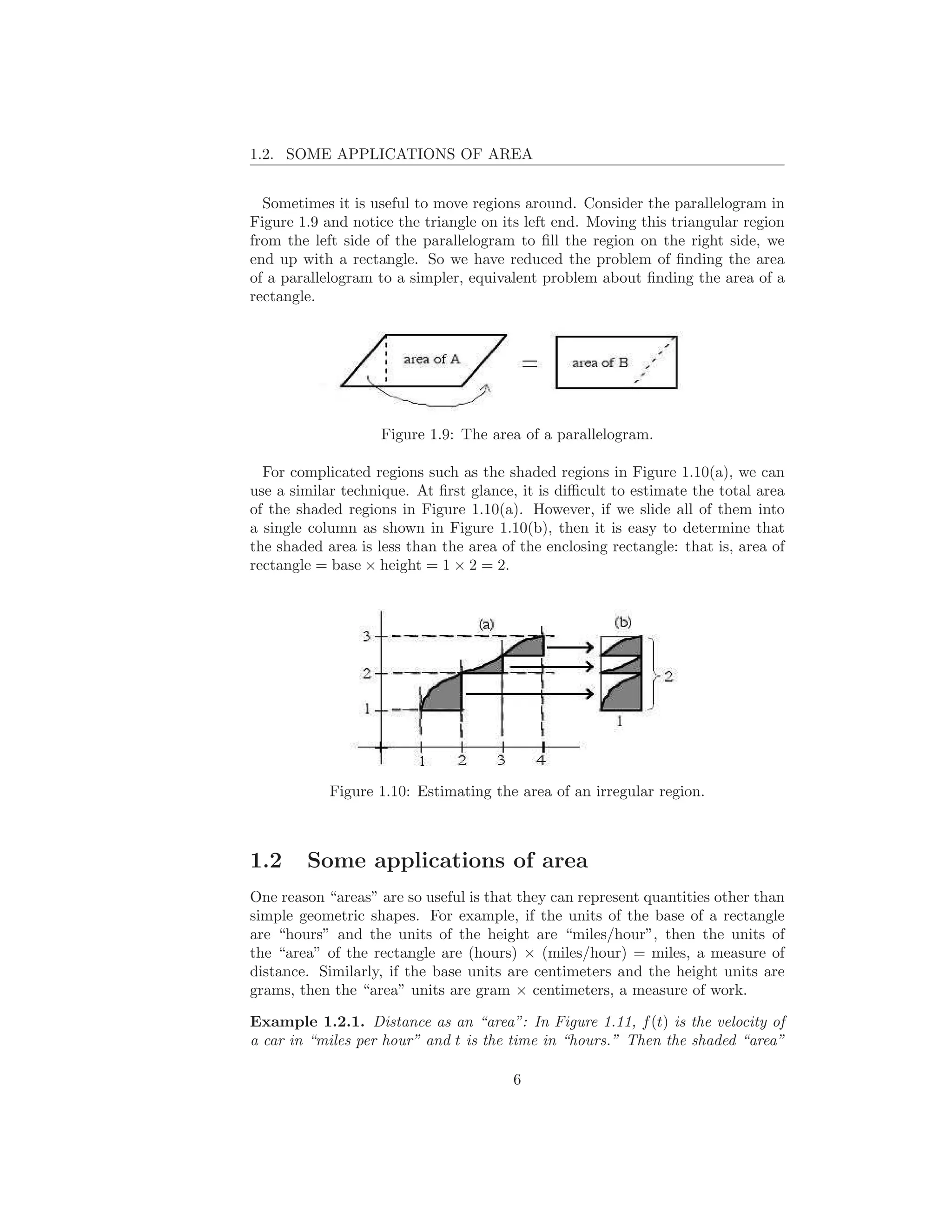 1.2. SOME APPLICATIONS OF AREA


  Sometimes it is useful to move regions around. Consider the parallelogram in
Figure 1.9 and notice the triangle on its left end. Moving this triangular region
from the left side of the parallelogram to ﬁll the region on the right side, we
end up with a rectangle. So we have reduced the problem of ﬁnding the area
of a parallelogram to a simpler, equivalent problem about ﬁnding the area of a
rectangle.




                    Figure 1.9: The area of a parallelogram.

  For complicated regions such as the shaded regions in Figure 1.10(a), we can
use a similar technique. At ﬁrst glance, it is diﬃcult to estimate the total area
of the shaded regions in Figure 1.10(a). However, if we slide all of them into
a single column as shown in Figure 1.10(b), then it is easy to determine that
the shaded area is less than the area of the enclosing rectangle: that is, area of
rectangle = base × height = 1 × 2 = 2.




            Figure 1.10: Estimating the area of an irregular region.



1.2     Some applications of area
One reason “areas” are so useful is that they can represent quantities other than
simple geometric shapes. For example, if the units of the base of a rectangle
are “hours” and the units of the height are “miles/hour”, then the units of
the “area” of the rectangle are (hours) × (miles/hour) = miles, a measure of
distance. Similarly, if the base units are centimeters and the height units are
grams, then the “area” units are gram × centimeters, a measure of work.

Example 1.2.1. Distance as an “area”: In Figure 1.11, f (t) is the velocity of
a car in “miles per hour” and t is the time in “hours.” Then the shaded “area”

                                        6
 
