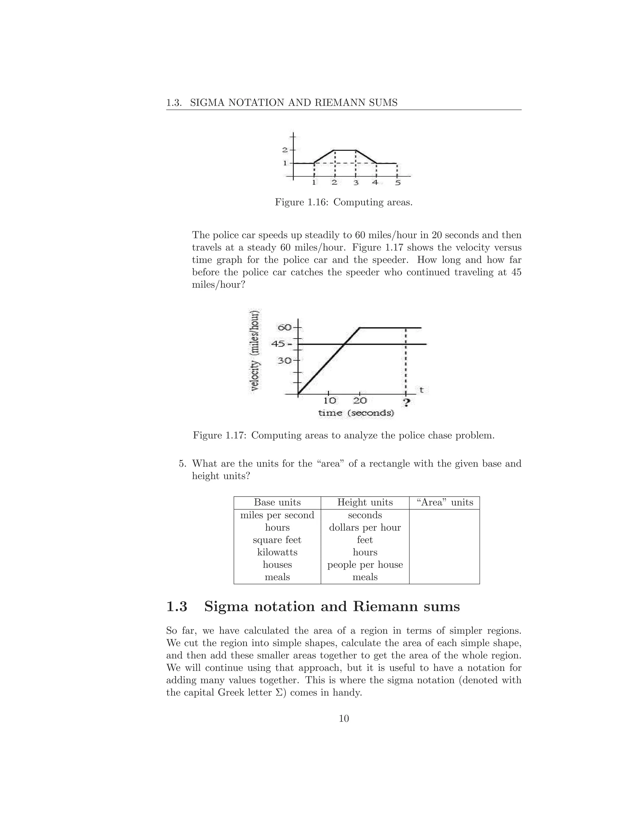 1.3. SIGMA NOTATION AND RIEMANN SUMS




                        Figure 1.16: Computing areas.


      The police car speeds up steadily to 60 miles/hour in 20 seconds and then
      travels at a steady 60 miles/hour. Figure 1.17 shows the velocity versus
      time graph for the police car and the speeder. How long and how far
      before the police car catches the speeder who continued traveling at 45
      miles/hour?




      Figure 1.17: Computing areas to analyze the police chase problem.

  5. What are the units for the “area” of a rectangle with the given base and
     height units?

                   Base units        Height units       “Area” units
                miles per second       seconds
                      hours        dollars per hour
                  square feet             feet
                    kilowatts           hours
                     houses        people per house
                      meals             meals


1.3     Sigma notation and Riemann sums
So far, we have calculated the area of a region in terms of simpler regions.
We cut the region into simple shapes, calculate the area of each simple shape,
and then add these smaller areas together to get the area of the whole region.
We will continue using that approach, but it is useful to have a notation for
adding many values together. This is where the sigma notation (denoted with
the capital Greek letter Σ) comes in handy.

                                      10
 