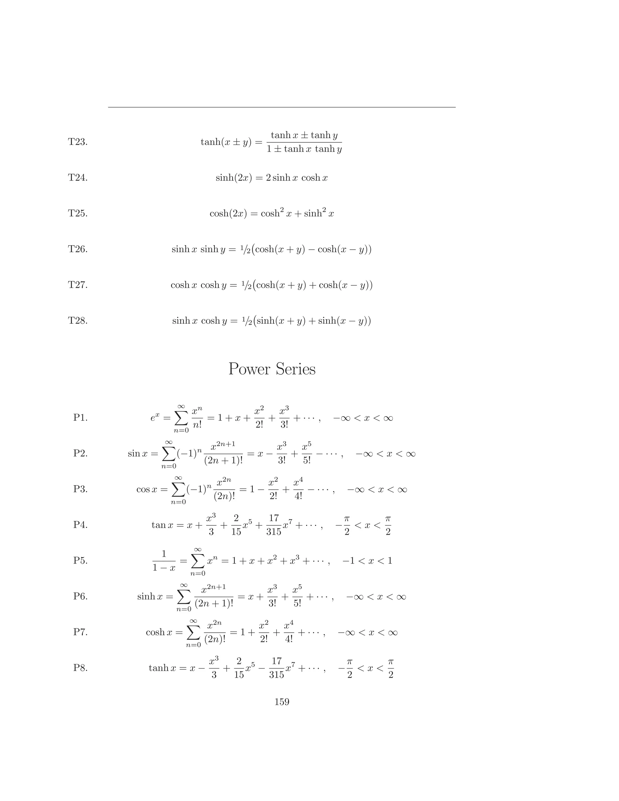 tanh x ± tanh y
T23.                           tanh(x ± y) =
                                               1 ± tanh x tanh y

T24.                               sinh(2x) = 2 sinh x cosh x


T25.                             cosh(2x) = cosh2 x + sinh2 x


T26.               sinh x sinh y = 1/2 cosh(x + y) − cosh(x − y))


T27.              cosh x cosh y = 1/2 cosh(x + y) + cosh(x − y))


T28.               sinh x cosh y = 1/2 sinh(x + y) + sinh(x − y))




                                      Power Series
                       ∞
                         xn       x2   x3
 P1.        ex =            =1+x+    +    + ··· ,               −∞ < x < ∞
                     n=0
                         n!       2!   3!
                 ∞
                                  x2n+1       x3   x5
 P2.   sin x =         (−1)n              =x−    +    − ··· ,        −∞ < x < ∞
                 n=0
                                (2n + 1)!     3!   5!
                     ∞
                                    x2n      x2   x4
 P3.    cos x =            (−1)n         =1−    +    − ··· ,        −∞ < x < ∞
                  n=0
                                   (2n)!     2!   4!

                                x3  2      17 7                     π     π
 P4.        tan x = x +            + x5 +     x + ··· ,         −     <x<
                                3   15    315                       2     2
                            ∞
              1
 P5.             =    xn = 1 + x + x2 + x3 + · · · ,               −1 < x < 1
            1 − x n=0
                       ∞
                           x2n+1       x3   x5
 P6.     sinh x =                  =x+    +    + ··· ,              −∞ < x < ∞
                     n=0
                         (2n + 1)!     3!   5!
                           ∞
                                x2n      x2   x4
 P7.       cosh x =                  =1+    +    + ··· ,        −∞ < x < ∞
                           n=0
                               (2n)!     2!   4!

                                 x3   2     17 7                    π     π
 P8.       tanh x = x −             + x5 −     x + ··· ,        −     <x<
                                 3   15    315                      2     2

                                                159
 