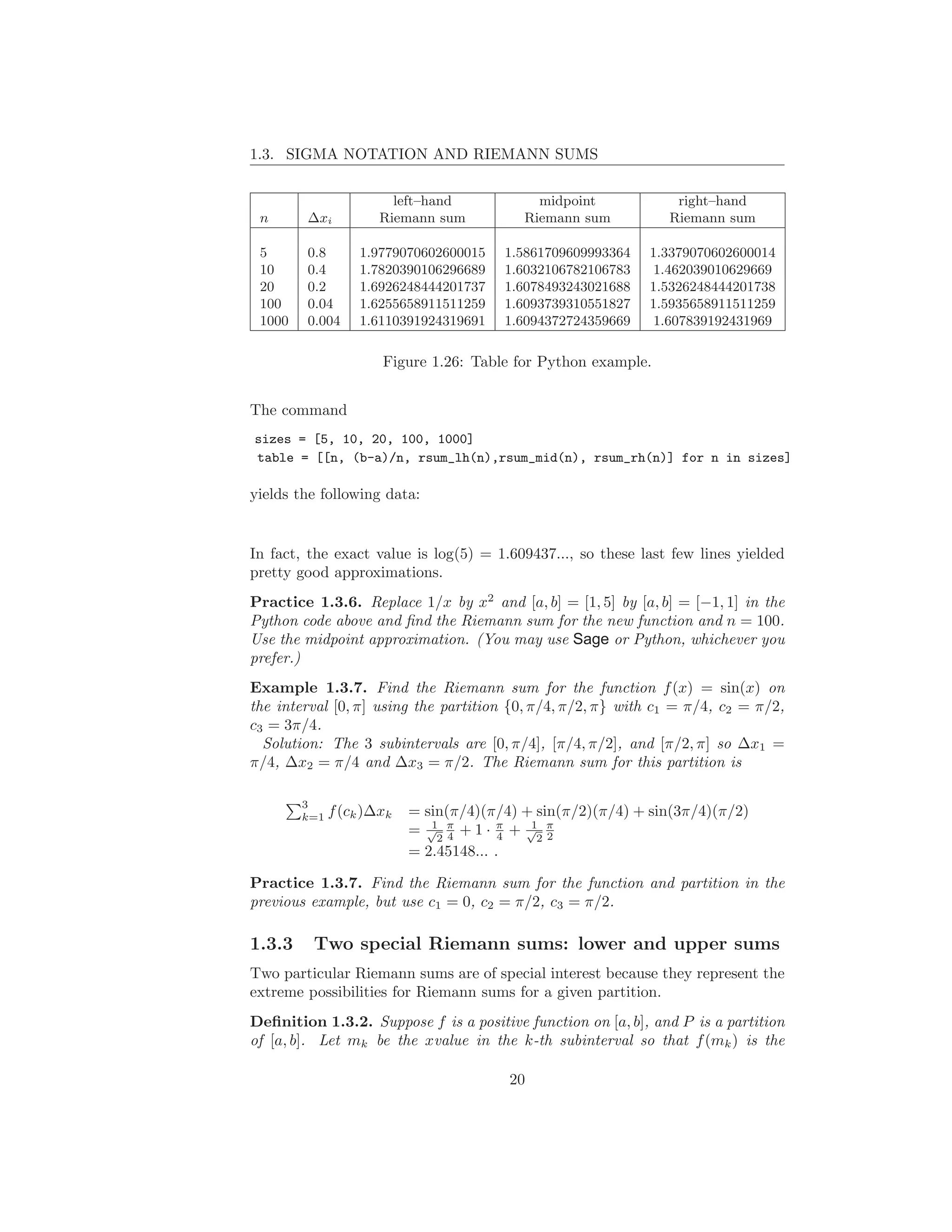1.3. SIGMA NOTATION AND RIEMANN SUMS

                        left–hand            midpoint           right–hand
 n      ∆xi           Riemann sum          Riemann sum         Riemann sum

 5      0.8       1.9779070602600015    1.5861709609993364   1.3379070602600014
 10     0.4       1.7820390106296689    1.6032106782106783   1.462039010629669
 20     0.2       1.6926248444201737    1.6078493243021688   1.5326248444201738
 100    0.04      1.6255658911511259    1.6093739310551827   1.5935658911511259
 1000   0.004     1.6110391924319691    1.6094372724359669   1.607839192431969

                      Figure 1.26: Table for Python example.


The command
sizes = [5, 10, 20, 100, 1000]
table = [[n, (b-a)/n, rsum_lh(n),rsum_mid(n), rsum_rh(n)] for n in sizes]

yields the following data:


In fact, the exact value is log(5) = 1.609437..., so these last few lines yielded
pretty good approximations.
Practice 1.3.6. Replace 1/x by x2 and [a, b] = [1, 5] by [a, b] = [−1, 1] in the
Python code above and ﬁnd the Riemann sum for the new function and n = 100.
Use the midpoint approximation. (You may use Sage or Python, whichever you
prefer.)
Example 1.3.7. Find the Riemann sum for the function f (x) = sin(x) on
the interval [0, π] using the partition {0, π/4, π/2, π} with c1 = π/4, c2 = π/2,
c3 = 3π/4.
  Solution: The 3 subintervals are [0, π/4], [π/4, π/2], and [π/2, π] so ∆x1 =
π/4, ∆x2 = π/4 and ∆x3 = π/2. The Riemann sum for this partition is

        3
        k=1   f (ck )∆xk   = sin(π/4)(π/4) + sin(π/2)(π/4) + sin(3π/4)(π/2)
                           = √2 π + 1 · π + √ 2 π
                              1
                                 4       4
                                             1
                                                2
                           = 2.45148... .

Practice 1.3.7. Find the Riemann sum for the function and partition in the
previous example, but use c1 = 0, c2 = π/2, c3 = π/2.

1.3.3    Two special Riemann sums: lower and upper sums
Two particular Riemann sums are of special interest because they represent the
extreme possibilities for Riemann sums for a given partition.
Deﬁnition 1.3.2. Suppose f is a positive function on [a, b], and P is a partition
of [a, b]. Let mk be the xvalue in the k-th subinterval so that f (mk ) is the

                                         20
 