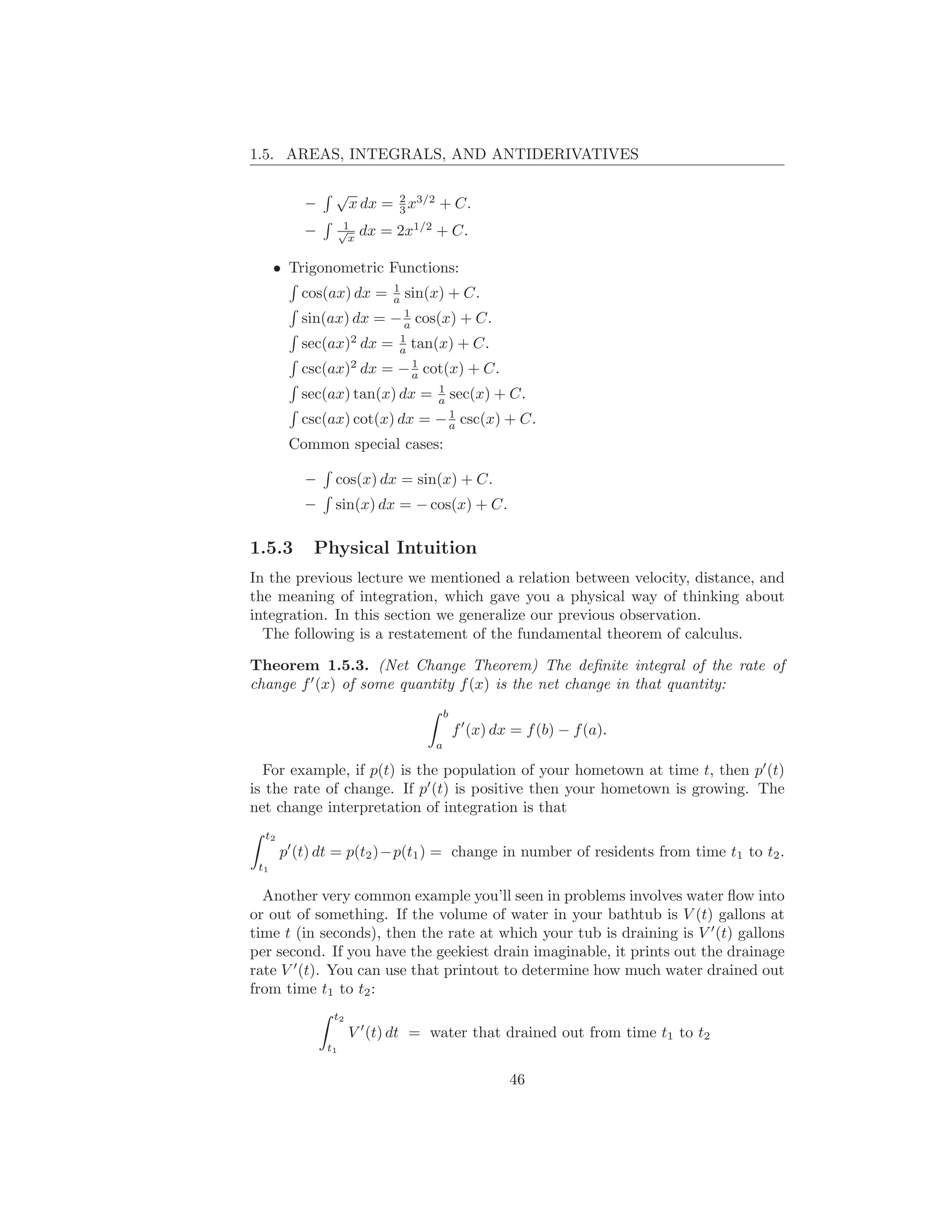 1.5. AREAS, INTEGRALS, AND ANTIDERIVATIVES

                √
           –         x dx = 2 x3/2 + C.
                            3
                     1
           –        √
                      x
                          dx = 2x1/2 + C.

      • Trigonometric Functions:
                              1
          cos(ax) dx =        a   sin(x) + C.
                          1
          sin(ax) dx = − a cos(x) + C.
                         1
          sec(ax)2 dx = a tan(x) + C.
                            1
          csc(ax)2 dx = − a cot(x) + C.
                               1
          sec(ax) tan(x) dx = a sec(x) + C.
                                 1
          csc(ax) cot(x) dx = − a csc(x) + C.
        Common special cases:

           –    cos(x) dx = sin(x) + C.
           –    sin(x) dx = − cos(x) + C.

1.5.3       Physical Intuition
In the previous lecture we mentioned a relation between velocity, distance, and
the meaning of integration, which gave you a physical way of thinking about
integration. In this section we generalize our previous observation.
  The following is a restatement of the fundamental theorem of calculus.

Theorem 1.5.3. (Net Change Theorem) The deﬁnite integral of the rate of
change f ′ (x) of some quantity f (x) is the net change in that quantity:
                                          b
                                              f ′ (x) dx = f (b) − f (a).
                                      a

  For example, if p(t) is the population of your hometown at time t, then p′ (t)
is the rate of change. If p′ (t) is positive then your hometown is growing. The
net change interpretation of integration is that
  t2
       p′ (t) dt = p(t2 )−p(t1 ) = change in number of residents from time t1 to t2 .
 t1

  Another very common example you’ll seen in problems involves water ﬂow into
or out of something. If the volume of water in your bathtub is V (t) gallons at
time t (in seconds), then the rate at which your tub is draining is V ′ (t) gallons
per second. If you have the geekiest drain imaginable, it prints out the drainage
rate V ′ (t). You can use that printout to determine how much water drained out
from time t1 to t2 :
                t2
                     V ′ (t) dt = water that drained out from time t1 to t2
               t1


                                                        46
 