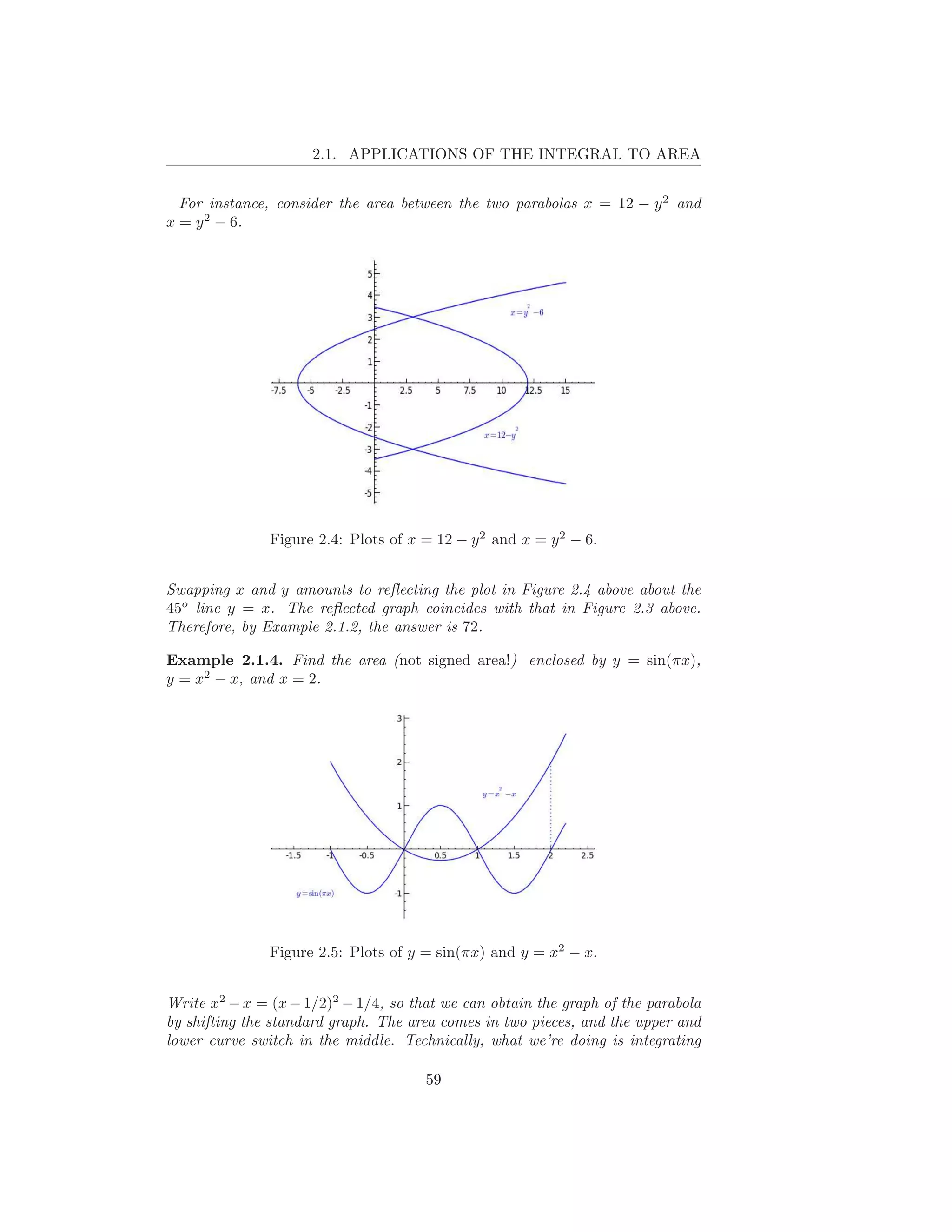 2.1. APPLICATIONS OF THE INTEGRAL TO AREA


  For instance, consider the area between the two parabolas x = 12 − y 2 and
x = y 2 − 6.




               Figure 2.4: Plots of x = 12 − y 2 and x = y 2 − 6.


Swapping x and y amounts to reﬂecting the plot in Figure 2.4 above about the
45o line y = x. The reﬂected graph coincides with that in Figure 2.3 above.
Therefore, by Example 2.1.2, the answer is 72.

Example 2.1.4. Find the area (not signed area!) enclosed by y = sin(πx),
y = x2 − x, and x = 2.




               Figure 2.5: Plots of y = sin(πx) and y = x2 − x.


Write x2 − x = (x − 1/2)2 − 1/4, so that we can obtain the graph of the parabola
by shifting the standard graph. The area comes in two pieces, and the upper and
lower curve switch in the middle. Technically, what we’re doing is integrating

                                      59
 