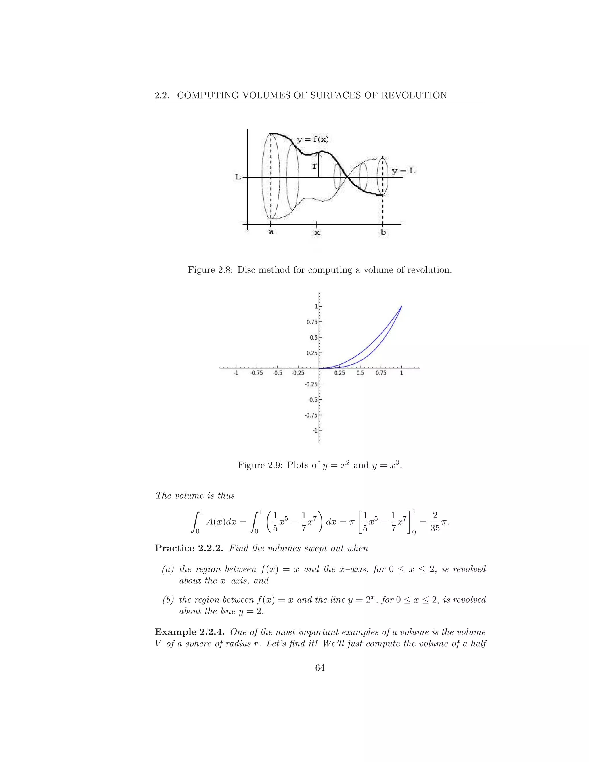 2.2. COMPUTING VOLUMES OF SURFACES OF REVOLUTION




        Figure 2.8: Disc method for computing a volume of revolution.




                       Figure 2.9: Plots of y = x2 and y = x3 .


The volume is thus
             1                  1                                 1
                                    1 5 1 7        1   1                   2
                 A(x)dx =             x − x dx = π x5 − x7            =      π.
         0                  0       5    7         5   7          0       35

Practice 2.2.2. Find the volumes swept out when

 (a) the region between f (x) = x and the x–axis, for 0 ≤ x ≤ 2, is revolved
     about the x–axis, and
 (b) the region between f (x) = x and the line y = 2x , for 0 ≤ x ≤ 2, is revolved
     about the line y = 2.

Example 2.2.4. One of the most important examples of a volume is the volume
V of a sphere of radius r. Let’s ﬁnd it! We’ll just compute the volume of a half

                                          64
 