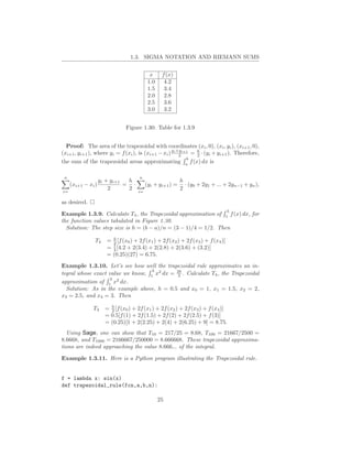 1.3. SIGMA NOTATION AND RIEMANN SUMS


                                            x     f (x)
                                           1.0     4.2
                                           1.5     3.4
                                           2.0     2.8
                                           2.5     3.6
                                           3.0     3.2


                                Figure 1.30: Table for 1.3.9


  Proof: The area of the trapezoidal with coordinates (xi , 0), (xi , yi ), (xi+1 , 0),
(xi+1 , yi+1 ), where yi = f (xi ), is (xi+1 − xi ) yi +yi+1 = h · (yi + yi+1 ). Therefore,
                                                        2      2
                                                           b
the sum of the trapezoidal areas approximating a f (x) dx is

 n                                    n
                    yi + yi+1  h                           h
     (xi+1 − xi )             = ·         (yi + yi+1 ) =     · (y0 + 2y1 + ... + 2yn−1 + yn ),
i=
                        2      2     i=
                                                           2

as desired.
                                                                                  3
Example 1.3.9. Calculate T4 , the Trapezoidal approximation of 1 f (x) dx, for
the function values tabulated in Figure 1.30.
  Solution: The step size is h = (b − a)/n = (3 − 1)/4 = 1/2. Then

                T4     = h [f (x0 ) + 2f (x1 ) + 2f (x2 ) + 2f (x3 ) + f (x4 )]
                         2
                         1
                       = 4 [4.2 + 2(3.4) + 2(2.8) + 2(3.6) + (3.2)]
                       = (0.25)(27) = 6.75.
Example 1.3.10. Let’s see how well the trapezoidal rule approximates an in-
                                  3
tegral whose exact value we know, 1 x2 dx = 26 . Calculate T4 , the Trapezoidal
                                            3
                    3 2
approximation of 1 x dx.
  Solution: As in the example above, h = 0.5 and x0 = 1, x1 = 1.5, x2 = 2,
x3 = 2.5, and x4 = 3. Then

               T4     = h [f (x0 ) + 2f (x1 ) + 2f (x2 ) + 2f (x3 ) + f (x4 )]
                        2
                      = 0.5[f (1) + 2f (1.5) + 2f (2) + 2f (2.5) + f (3)]
                      = (0.25)[1 + 2(2.25) + 2(4) + 2(6.25) + 9] = 8.75.
  Using Sage, one can show that T10 = 217/25 = 8.68, T100 = 21667/2500 =
8.6668, and T1000 = 2166667/250000 = 8.666668. These trapezoidal approxima-
tions are indeed approaching the value 8.666... of the integral.

Example 1.3.11. Here is a Python program illustrating the Trapezoidal rule.


f = lambda x: sin(x)
def trapezoidal_rule(fcn,a,b,n):

                                                 25
 