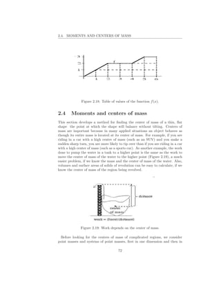 2.4. MOMENTS AND CENTERS OF MASS




               Figure 2.18: Table of values of the function f (x).


2.4     Moments and centers of mass
This section develops a method for ﬁnding the center of mass of a thin, ﬂat
shape the point at which the shape will balance without tilting. Centers of
mass are important because in many applied situations an object behaves as
though its entire mass is located at its center of mass. For example, if you are
riding in a car with a high center of mass (such as an SUV) and you make a
sudden sharp turn, you are more likely to tip over than if you are riding in a car
with a high center of mass (such as a sports car). As another example, the work
done to pump the water in a tank to a higher point is the same as the work to
move the center of mass of the water to the higher point (Figure 2.19), a much
easier problem, if we know the mass and the center of mass of the water. Also,
volumes and surface areas of solids of revolution can be easy to calculate, if we
know the center of mass of the region being revolved.




               Figure 2.19: Work depends on the center of mass.

 Before looking for the centers of mass of complicated regions, we consider
point masses and systems of point masses, ﬁrst in one dimension and then in

                                       72
 