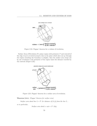 2.4. MOMENTS AND CENTERS OF MASS




           Figure 2.24: Pappas’ theorem for a volume of revolution.


  Surface Area of Revolution If a plane region with perimeter P and centroid of
the edge (x, y) is revolved around a line in the plane which does not go through
the region (touching the boundary is alright), then the surface area swept out
by one revolution is the perimeter of the region times the distance traveled by
the centroid (Figure 2.25):




         Figure 2.25: Pappas’ theorem for a surface area of revolution.

Theorem 2.4.4. (Pappas’ theorem for surface area)
     Surface area about line L = P · 2π distance of (x, y) from the line L ,
so in particular,
                     Surface area about x–axis = P · 2πy,

                                       79
 