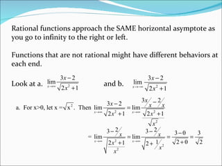 Rational functions approach the SAME horizontal asymptote as you go to infinity to the right or left. Functions that are not rational might have different behaviors at each end. Look at a.  and b.  