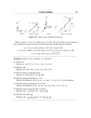 1.2 Vector Algebra 13
1
2
1 2
x
y
0 i
j
(a) R2
x
y
0 ai
bj
v = (a,b)
(b) v = ai+ bj
1
2
1 2
1
2
x
y
z
0i j
k
(c) R3
x
y
z
0ai
bj
ck
v = (a,b, c)
(d) v = ai+ bj+ ck
Figure 1.2.7 Basis vectors in different dimensions
When a vector v = (a,b, c) is written as v = ai + bj + ck, we say that v is in component
form, and that a, b, and c are the i, j, and k components, respectively, of v. We have:
v = v1 i+ v2 j+ v3 k,k a scalar =⇒ kv = kv1 i+ kv2 j+ kv3 k
v = v1 i+ v2 j+ v3 k,w = w1 i+ w2 j+ w3 k =⇒ v+w = (v1 + w1)i+(v2 + w2)j+(v3 + w3)k
v = v1 i+ v2 j+ v3 k =⇒ v = v2
1 + v2
2 + v2
3
Example 1.4. Let v = (2,1,−1) and w = (3,−4,2) in R3
.
(a) Find v−w.
Solution: v−w = (2−3,1−(−4),−1−2) = (−1,5,−3)
(b) Find 3v+2w.
Solution: 3v+2w = (6,3,−3)+(6,−8,4) = (12,−5,1)
(c) Write v and w in component form.
Solution: v = 2i+j−k, w = 3i−4j+2k
(d) Find the vector u such that u+v = w.
Solution: By Theorem 1.5, u = w−v = −(v−w) = −(−1,5,−3) = (1,−5,3), by part(a).
(e) Find the vector u such that u+v+w = 0.
Solution: By Theorem 1.5, u = −w−v = −(3,−4,2)−(2,1,−1) = (−5,3,−1).
(f) Find the vector u such that 2u+i−2j = k.
Solution: 2u = −i+2j+k =⇒ u = −1
2 i+j+ 1
2 k
(g) Find the unit vector v
v .
Solution: v
v = 1
22+12+(−1)2
(2,1,−1) = 2
6
, 1
6
, −1
6
 
