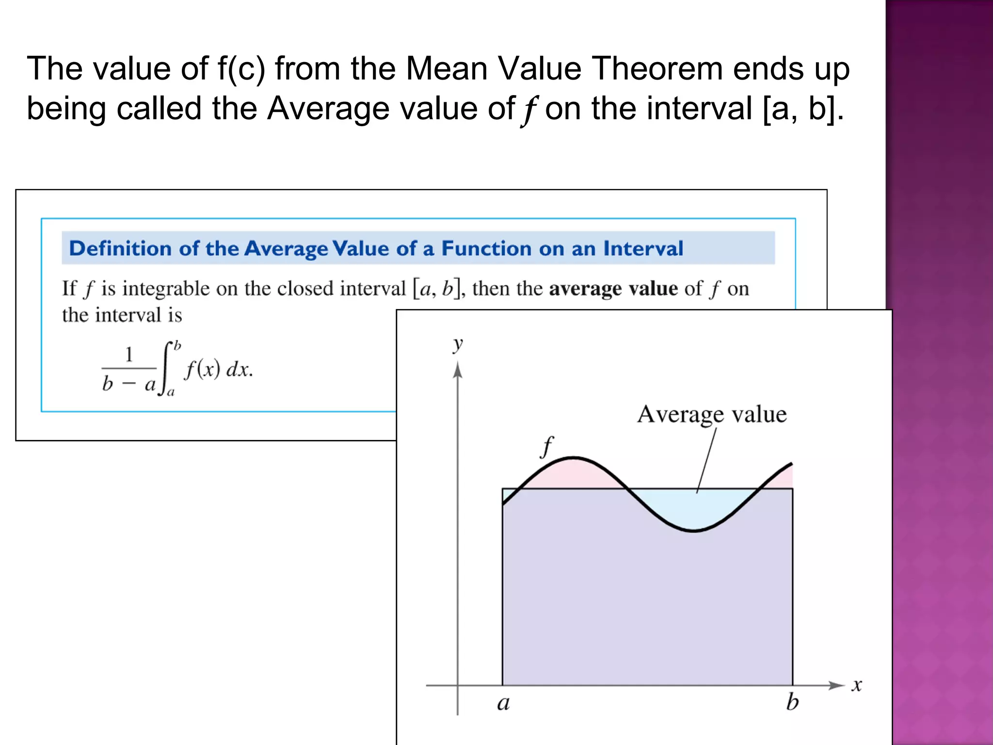 The value of f(c) from the Mean Value Theorem ends up being called the Average value of  f  on the interval [a, b].  