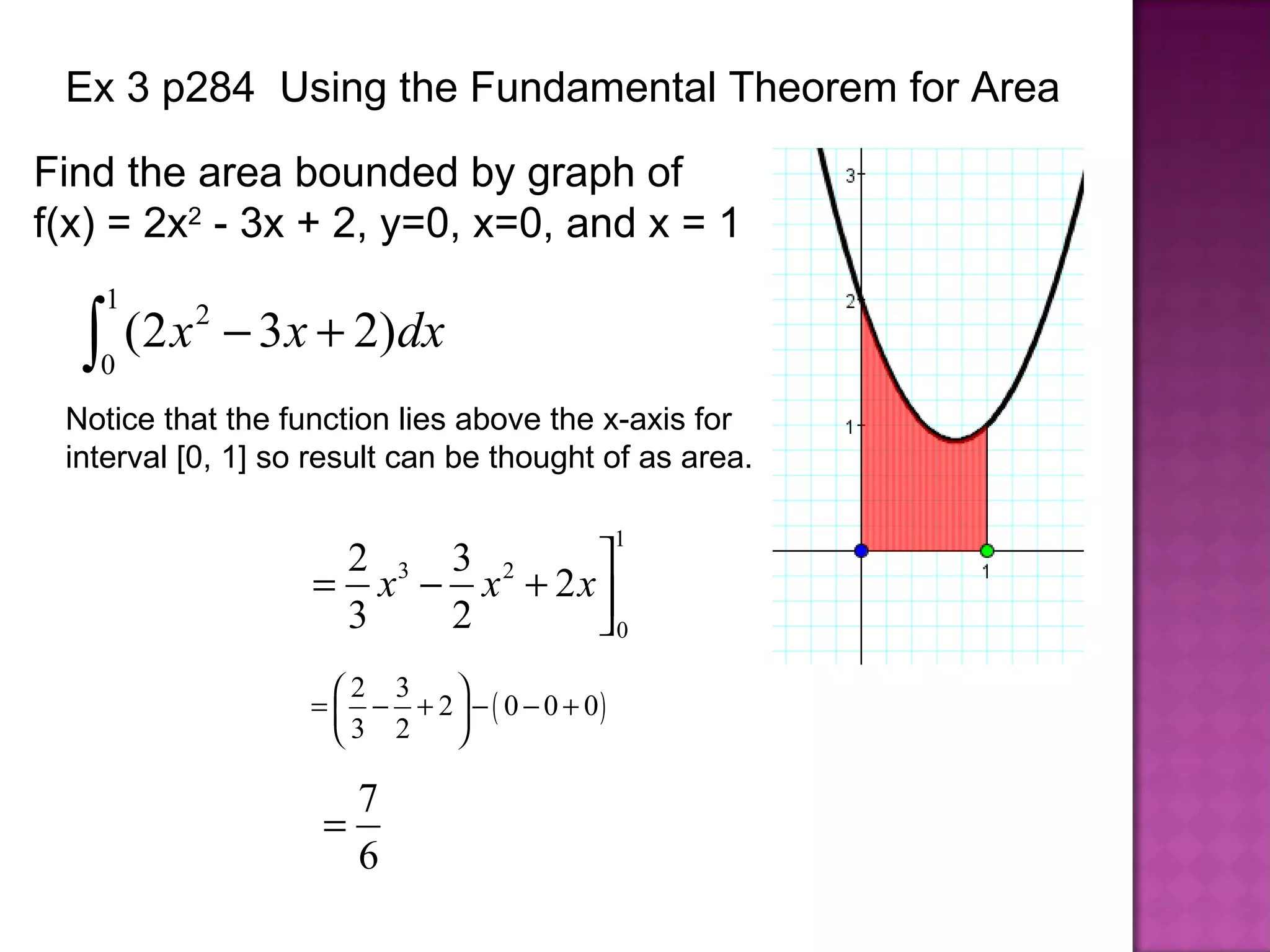Ex 3 p284  Using the Fundamental Theorem for Area Notice that the function lies above the x-axis for interval [0, 1] so result can be thought of as area. Find the area bounded by graph of  f(x) = 2x 2  - 3x + 2, y=0, x=0, and x = 1 