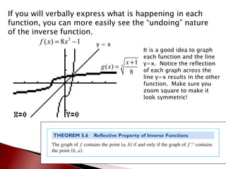 If you will verbally express what is happening in each function, you can more easily see the “undoing” nature of the inverse function. y = x It is a good idea to graph each function and the line y=x.  Notice the reflection of each graph across the line y=x results in the other function.  Make sure you zoom square to make it look symmetric! 