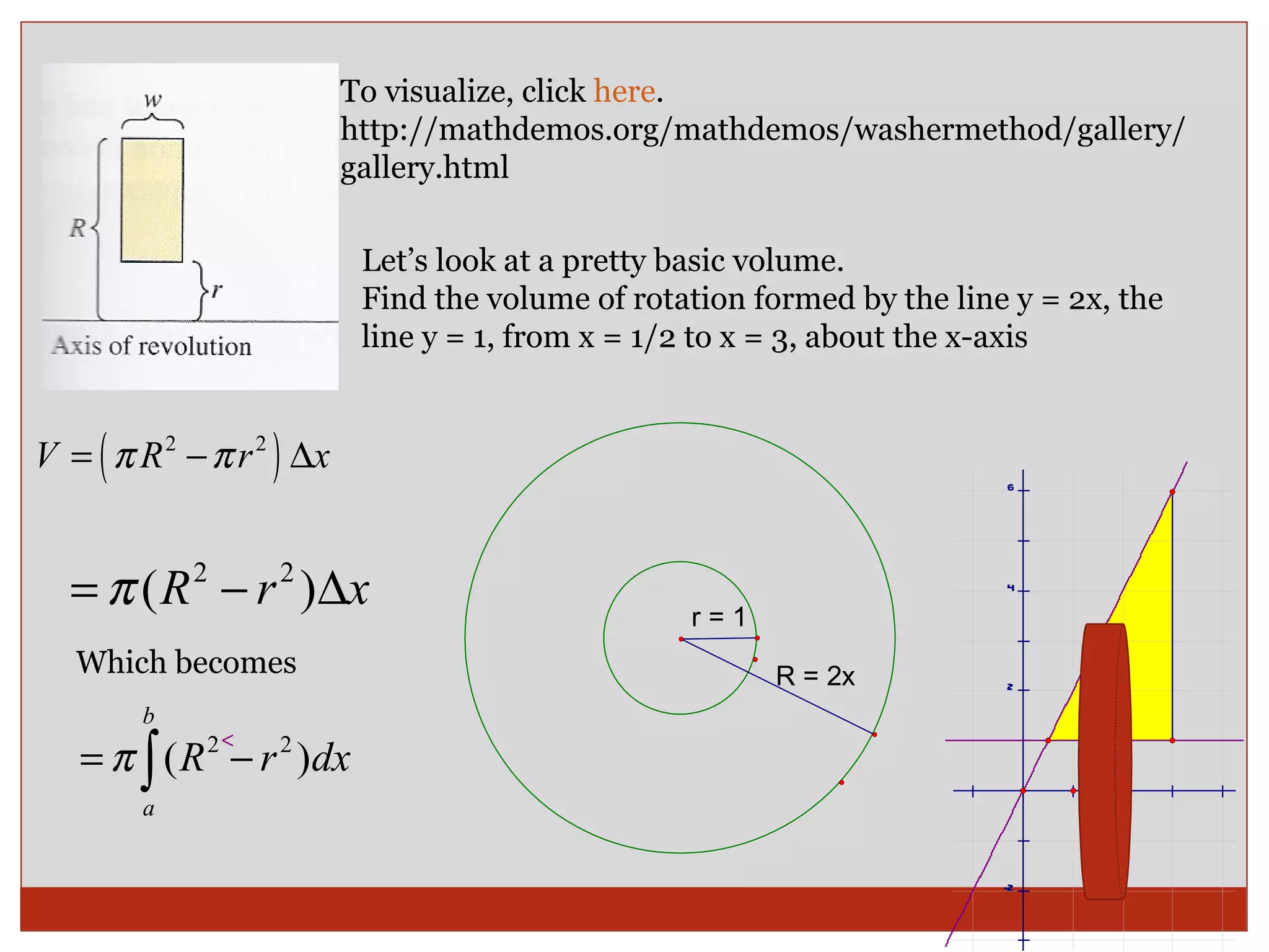 To visualize, click  here . http://mathdemos.org/mathdemos/washermethod/gallery/gallery.html Let’s look at a pretty basic volume.  Find the volume of rotation formed by the line y = 2x, the line y = 1, from x = 1/2 to x = 3, about the x-axis  Which becomes 