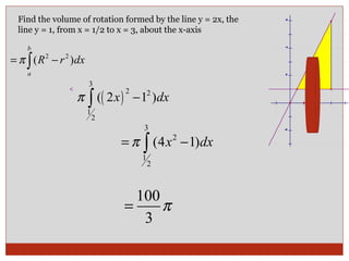 Find the volume of rotation formed by the line y = 2x, the line y = 1, from x = 1/2 to x = 3, about the x-axis  