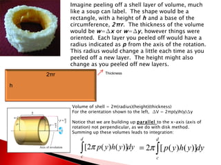 Imagine peeling off a shell layer of volume, much like a soup can label.  The shape would be a rectangle, with a height of  h  and a base of the circumference,  2 π r .  The thickness of the volume would be  w =∆ x  or  w =∆ y , however things were oriented.  Each layer you peeled off would have a radius indicated as  p  from the axis of the rotation.  This radius would change a little each time as you peeled off a new layer.  The height might also change as you peeled off new layers. Volume of shell = 2 π (radius)(height)(thickness) For the orientation shown to the left,  ∆V = 2 π p(y)h(y)∆y Notice that we are building up  parallel  to the x-axis (axis of rotation) not perpendicular, as we do with disk method. Summing up these volumes leads to integration: h 2 π r Thickness 