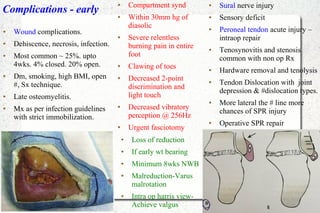 Complications - early
● Wound complications.
● Dehiscence, necrosis, infection.
● Most common ~ 25%. upto
4wks. 4% closed. 20% open.
● Dm, smoking, high BMI, open
#, Sx technique.
● Late osteomyelitis.
● Mx as per infection guidelines
with strict immobilization.
● Compartment synd
● Within 30mm hg of
diasolic
● Severe relentless
burning pain in entire
foot
● Clawing of toes
● Decreased 2-point
discrimination and
light touch
● Decreased vibratory
perception @ 256Hz
● Urgent fasciotomy
● Loss of reduction
● If early wt bearing
● Minimum 8wks NWB
● Malreduction-Varus
malrotation
● Intra op harris view-
Achieve valgus
● Sural nerve injury
● Sensory deficit
● Peroneal tendon acute injury –
intraop repair
● Tenosynovitis and stenosis
common with non op Rx
● Hardware removal and tenolysis
● Tendon Dislocation with joint
depression & #dislocation types.
● More lateral the # line more
chances of SPR injury
● Operative SPR repair
 