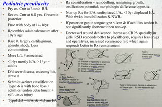 Pediatric peculiarity
● Pry os. Cntr at 3mnth IUL
● Sec os. Cntr at 6-8 yrs. Cresentic
posterior.
Fuse with body at 14-16yr.
● Resembles adult calcaneum after
10yrs age
● Rare #. largely cartilaginous,
absorbs shock. Less
comminution
● More L/L # associated
● <14yr mostly E/A. >14yr ~
adults
● D/d sever disease, osteomylitis,
stress #
● Schmidt-weiner classification.
Type -6 is with bone loss +
achillies tendon detachment +
soft tissue injury
● Type1,2,3 = E/A. & 4,5 are I/A
● Rx consideration – remodelling, remaining growth,
ossification potential, morphologic difference opposite.
● Non-op Rx for E/A, undisplaced I/A, <10yr displaced I/A.
With 6wks immobilization & NWB.
● If posterior gap in tongue type <1cm & if achillies tendon is
not significantly shortened then non-op.
● Decreased wound dehiscence. Increased CRPS specially in
girls. RSD responds better to physitheray, requires less drugs
and operatives, increased recurrence rate which again
responds better to Rx reinstatement
 