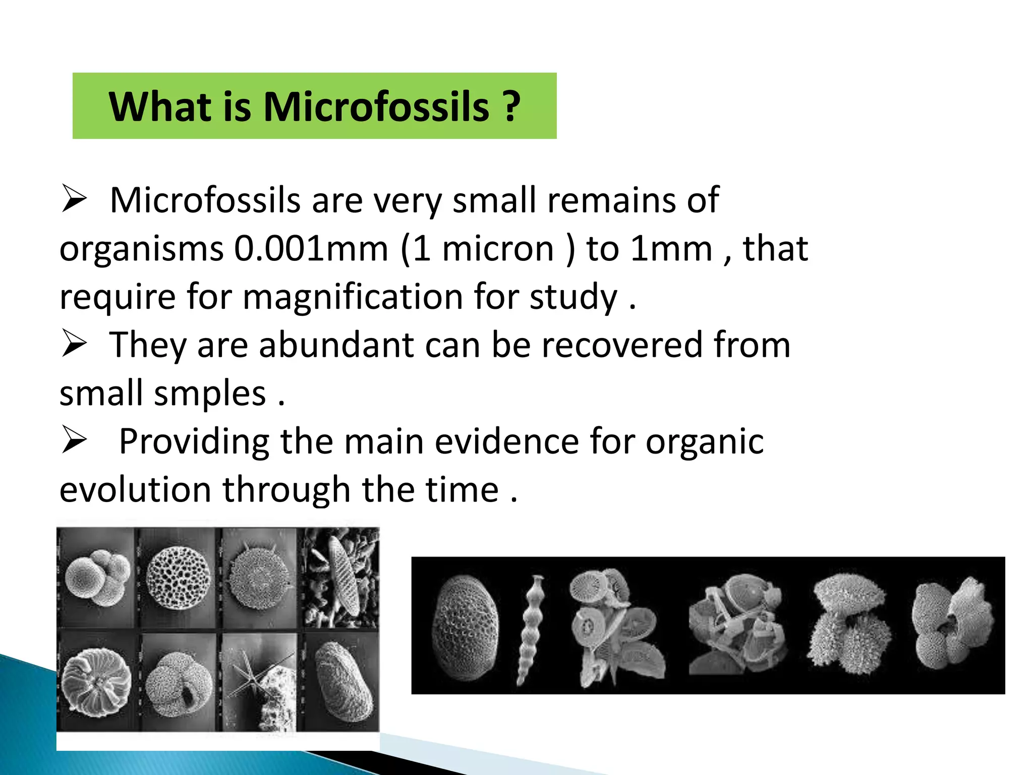 What is Microfossils ?
 Microfossils are very small remains of
organisms 0.001mm (1 micron ) to 1mm , that
require for magnification for study .
 They are abundant can be recovered from
small smples .
 Providing the main evidence for organic
evolution through the time .
 