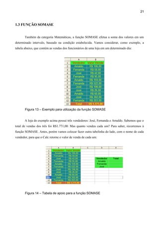 21



1.3 FUNÇÃO SOMASE


       Também da categoria Matemáticas, a função SOMASE efetua a soma dos valores em um
determinado intervalo, baseado na condição estabelecida. Vamos considerar, como exemplo, a
tabela abaixo, que contém as vendas dos funcionários de uma loja em um determinado dia:




       Figura 13 – Exemplo para utilização da função SOMASE


       A loja do exemplo acima possui três vendedores: José, Fernanda e Arnaldo. Sabemos que o
total de vendas dos três foi R$1.771,00. Mas quanto vendeu cada um? Para saber, recorremos à
função SOMASE. Antes, porém vamos colocar fazer outra tabelinha do lado, com o nome de cada
vendedor, para que o Calc retorne o valor de venda de cada um:




       Figura 14 – Tabela de apoio para a função SOMASE
 