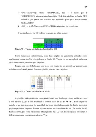27

            =OU(4>2;(32/4=9))        retorna    VERDADEIRO,        pois   4   é   maior    que    2
               (VERDADEIRO). Mesmo a segunda condição (32/4=9) sendo falsa, na função OU é
               necessário que apenas uma condição seja verdadeira para que a função retorne
               VERDADEIRO;
            =OU(15>10;17<20) retorna VERDADEIRO, pois ambas são verdadeiras.


           O uso das funções E e OU pode ser resumido nas tabela abaixo:


                                            E        OU
                                         V     F   V    F
                            Verdadeiro   V     F   V    V
                               Falso     F     F   V    F
       Figura 19 – Tabela verdade das funções E e OU


       Como mencionado anteriormente, essas duas funções são geralmente utilizadas como
auxiliares de outras funções, principalmente a função SE. Vamos ver um exemplo de cada uma
delas como auxiliar, iniciando pela função OU.
       Imagine que você trabalha por hora e por isso precisa ter um controle de quantas horas
trabalhou no mês.Você poderia fazer uma planilha parecida com a seguinte:




       Figura 20 – Tabela de controle de horas


       A princípio, tudo parece estar certo, pois foi usada uma função que calcula a diferença entre
a hora de saída (C2) e a hora de entrada (a fórmula usada em D2 foi =C2-B2). Essa função vai
calcular o que desejamos, que é a quantidade de horas trabalhada em cada dia. Porém temos um
pequeno problema: enquanto tivermos digitado apenas um dos valores (B2 ou C2), o valor de D2
ficará incorreto, pois como ele calcula a diferença entre B2 e C2 e um dos valores está em branco, o
Calc considera esse valor como sendo zero. Veja:
 