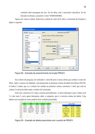 32

               contrário dará mensagem de erro. Se for falso, não é necessário classificar. Se for
               deixado em branco, assumirá o valor VERDADEIRO.
        Agora sim vamos à tabela. Selecione a célula do valor (C2), abra o Assistente de Funções e
digite o seguinte:




        Figura 28 – Exemplo de preenchimento da função PROCV


        Em critério de pesquisa, foi utilizado o valor B2 pois é nessa célula que contém o nome do
filme. Após o mesmo ser digitado, será pesquisado na primeira coluna da tabela dos filmes (H2:J9).
O índice 2 indica que se o critério for achado na primeira coluna, retornará o valor que está na
coluna 2 (valor) da linha onde o critério foi localizado.
        Feito isto, selecione C2 e faça o mesmo procedimento. A única alteração é que o índice será
3 e não mais 2, pois agora desejamos saber a categoria, que é a terceira coluna da tabela. Veja
abaixo um exemplo de como poderia ficar a tabela preenchida:




        Figura 29 – Exemplo de tabela preenchida com o auxílio de PROCV
 