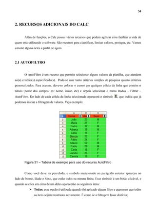34



2. RECURSOS ADICIONAIS DO CALC

       Além de funções, o Calc possui vários recursos que podem agilizar e/ou facilitar a vida de
quem está utilizando o software. São recursos para classificar, limitar valores, proteger, etc. Vamos
estudar alguns deles a partir de agora.



2.1 AUTOFILTRO


       O AutoFiltro é um recurso que permite selecionar alguns valores da planilha, que atendem
ao(s) critério(s) especificado(s). Pode-se usar tanto critérios simples de pesquisa quanto critérios
personalizados. Para acessar, deve-se colocar o cursor em qualquer célula da linha que contém o
rótulo (nome dos campos, ex: nome, idade, etc) e depois selecionar o menu Dados – Filtrar –
AutoFiltro. Do lado de cada célula da linha selecionada aparecerá o símbolo       , que indica que já
podemos iniciar a filtragem de valores. Veja exemplo:




       Figura 31 – Tabela de exemplo para uso do recurso AutoFiltro


       Como você deve ter percebido, o símbolo mencionado no parágrafo anterior apareceu ao
lado de Nome, Idade e Sexo, que estão todos na mesma linha. Esse símbolo é um botão clicável, e
quando se clica em cima de um deles aparecerão os seguintes itens:
            Todas: essa opção é utilizada quando foi aplicado algum filtro e queremos que todos
               os itens sejam mostrados novamente. É como se a filtragem fosse desfeita;
 