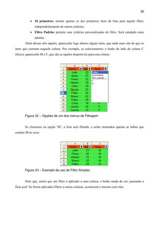 35

            10 primeiros: mostra apenas os dez primeiros itens da lista para aquele filtro,
               independentemente de outros critérios;
            Filtro Padrão: permite usar critérios personalizados de filtro. Será estudado mais
               adiante.
       Além dessas três opções, aparecerão logo abaixo alguns itens, que nada mais são do que os
itens que constam naquela coluna. Por exemplo, se selecionarmos o botão do lado da coluna C
(Sexo), aparecerão M e F, que são as opções disponíveis para esta coluna:




       Figura 32 – Opções de um dos menus de Filtragem


       Se clicarmos na opção ‘M’, a lista será filtrada, e serão mostrados apenas as linhas que
contém M no sexo:




       Figura 33 – Exemplo de uso de Filtro Simples


       Note que, assim que um filtro é aplicado a uma coluna, o botão muda de cor, passando a
ficar azul. Se forem aplicados filtros a outras colunas, acontecerá o mesmo com elas:
 