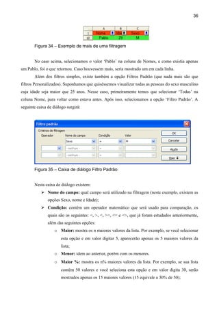 36




       Figura 34 – Exemplo de mais de uma filtragem


       No caso acima, selecionamos o valor ‘Pablo’ na coluna de Nomes, e como existia apenas
um Pablo, foi o que retornou. Caso houvessem mais, seria mostrado um em cada linha.
       Além dos filtros simples, existe também a opção Filtros Padrão (que nada mais são que
filtros Personalizados). Suponhamos que quiséssemos visualizar todas as pessoas do sexo masculino
cuja idade seja maior que 25 anos. Nesse caso, primeiramente temos que selecionar ‘Todas’ na
coluna Nome, para voltar como estava antes. Após isso, selecionamos a opção ‘Filtro Padrão’. A
seguinte caixa de diálogo surgirá:




       Figura 35 – Caixa de diálogo Filtro Padrão


       Nesta caixa de diálogo existem:
            Nome do campo: qual campo será utilizado na filtragem (neste exemplo, existem as
               opções Sexo, nome e Idade);
            Condição: contém um operador matemático que será usado para comparação, os
               quais são os seguintes: =, >, <, >=, <= e <>, que já foram estudados anteriormente,
               além das seguintes opções:
                   o Maior: mostra os n maiores valores da lista. Por exemplo, se você selecionar
                      esta opção e em valor digitar 5, aparecerão apenas os 5 maiores valores da
                      lista;
                   o Menor: idem ao anterior, porém com os menores.
                   o Maior %: mostra os n% maiores valores da lista. Por exemplo, se sua lista
                      contém 50 valores e você seleciona esta opção e em valor digita 30, serão
                      mostrados apenas os 15 maiores valores (15 equivale a 30% de 50);
 