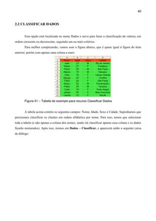 40



2.2 CLASSIFICAR DADOS


       Esta opção está localizada no menu Dados e serve para fazer a classificação de valores, em
ordem crescente ou decrescente, seguindo um ou mais critérios.
       Para melhor compreensão, vamos usar a figura abaixo, que é quase igual à figura do item
anterior, porém com apenas uma coluna a mais:




       Figura 41 – Tabela de exemplo para recurso Classificar Dados


       A tabela acima contém os seguintes campos: Nome, Idade, Sexo e Cidade. Suponhamos que
precisemos classificar os clientes em ordem alfabética por nome. Para isso, temos que selecionar
toda a tabela (e não apenas a coluna dos nomes, senão irá classificar apenas essa coluna e os dados
ficarão misturados). Após isso, iremos em Dados – Classificar, e aparecerá então a seguinte caixa
de diálogo:
 
