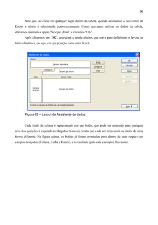 56

       Note que, ao clicar em qualquer lugar dentro da tabela, quando acionamos o Assistente de
Dados a tabela é selecionada automaticamente. Como queremos utilizar os dados da tabela,
deixamos marcada a opção ‘Seleção Atual’ e clicamos ‘OK’.
       Após clicarmos em ‘OK’, aparecerá a janela abaixo, que serve para definirmos o layout da
tabela dinâmica, ou seja, em que posição cada valor ficará:




       Figura 63 – Layout do Assistente de dados


       Cada título de coluna é representado por um botão, que pode ser arrastado para qualquer
uma das posições à esquerda (retângulos brancos), sendo que cada um representa os dados de uma
forma diferente. Na figura acima, os botões já foram arrastados para dentro de seus respectivos
campos desejados (Coluna, Linha e Dados), e o resultado (para este exemplo) fica assim:
 
