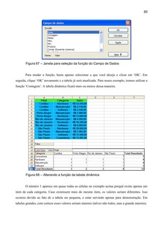 60




       Figura 67 – Janela para seleção da função do Campo de Dados


       Para mudar a função, basta apenas selecionar a que você deseja e clicar em ‘OK’. Em
seguida, clique ‘OK’ novamente e a tabela já será atualizada. Para nosso exemplo, iremos utilizar a
função ‘Contagem’. A tabela dinâmica ficará mais ou menos dessa maneira:




       Figura 68 – Alterando a função da tabela dinâmica


       O número 1 aparece em quase todas as células no exemplo acima porquê existe apenas um
item de cada categoria. Caso existissem mais do mesmo item, os valores seriam diferentes. Isso
ocorreu devido ao fato de a tabela ser pequena, e estar servindo apenas para demonstração. Em
tabelas grandes, com certeza esses valores seriam maiores (talvez não todos, mas a grande maioria).
 