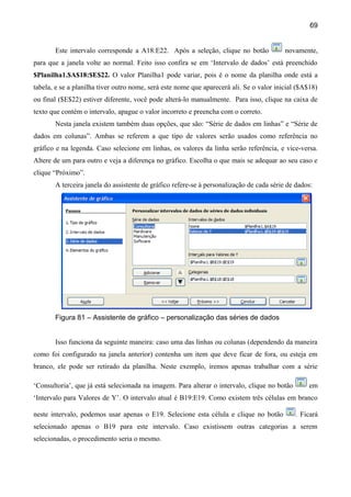 69


       Este intervalo corresponde a A18:E22. Após a seleção, clique no botão              novamente,
para que a janela volte ao normal. Feito isso confira se em ‘Intervalo de dados’ está preenchido
$Planilha1.$A$18:$E$22. O valor Planilha1 pode variar, pois é o nome da planilha onde está a
tabela, e se a planilha tiver outro nome, será este nome que aparecerá ali. Se o valor inicial ($A$18)
ou final ($E$22) estiver diferente, você pode alterá-lo manualmente. Para isso, clique na caixa de
texto que contém o intervalo, apague o valor incorreto e preencha com o correto.
       Nesta janela existem também duas opções, que são: “Série de dados em linhas” e “Série de
dados em colunas”. Ambas se referem a que tipo de valores serão usados como referência no
gráfico e na legenda. Caso selecione em linhas, os valores da linha serão referência, e vice-versa.
Altere de um para outro e veja a diferença no gráfico. Escolha o que mais se adequar ao seu caso e
clique “Próximo”.
       A terceira janela do assistente de gráfico refere-se à personalização de cada série de dados:




       Figura 81 – Assistente de gráfico – personalização das séries de dados


       Isso funciona da seguinte maneira: caso uma das linhas ou colunas (dependendo da maneira
como foi configurado na janela anterior) contenha um item que deve ficar de fora, ou esteja em
branco, ele pode ser retirado da planilha. Neste exemplo, iremos apenas trabalhar com a série

‘Consultoria’, que já está selecionada na imagem. Para alterar o intervalo, clique no botão        em
‘Intervalo para Valores de Y’. O intervalo atual é B19:E19. Como existem três células em branco

neste intervalo, podemos usar apenas o E19. Selecione esta célula e clique no botão           . Ficará
selecionado apenas o B19 para este intervalo. Caso existissem outras categorias a serem
selecionadas, o procedimento seria o mesmo.
 