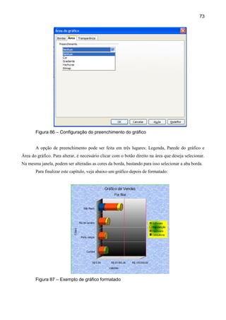 73




       Figura 86 – Configuração do preenchimento do gráfico


       A opção de preenchimento pode ser feita em três lugares: Legenda, Parede do gráfico e
Área do gráfico. Para alterar, é necessário clicar com o botão direito na área que deseja selecionar.
Na mesma janela, podem ser alteradas as cores da borda, bastando para isso selecionar a aba borda.
       Para finalizar este capítulo, veja abaixo um gráfico depois de formatado:




       Figura 87 – Exemplo de gráfico formatado
 