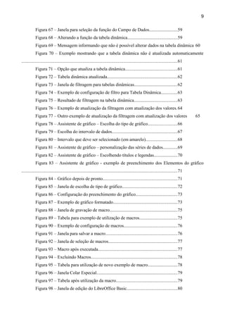 9

            Figura 67 – Janela para seleção da função do Campo de Dados.........................59
            Figura 68 – Alterando a função da tabela dinâmica............................................59
            Figura 69 – Mensagem informando que não é possível alterar dados na tabela dinâmica 60
            Figura 70 – Exemplo mostrando que a tabela dinâmica não é atualizada automaticamente
.........................................................................................................................................61
            Figura 71 – Opção que atualiza a tabela dinâmica..............................................61
            Figura 72 – Tabela dinâmica atualizada..............................................................62
            Figura 73 – Janela de filtragem para tabelas dinâmicas......................................62
            Figura 74 – Exemplo de configuração de filtro para Tabela Dinâmica..............63
            Figura 75 – Resultado de filtragem na tabela dinâmica......................................63
            Figura 76 – Exemplo de atualização da filtragem com atualização dos valores. 64
            Figura 77 – Outro exemplo de atualização da filtragem com atualização dos valores                                                 65
            Figura 78 – Assistente de gráfico – Escolha do tipo de gráfico..........................66
            Figura 79 – Escolha do intervalo de dados..........................................................67
            Figura 80 – Intervalo que deve ser selecionado (em amarelo)............................68
            Figura 81 – Assistente de gráfico – personalização das séries de dados.............69
            Figura 82 – Assistente de gráfico – Escolhendo títulos e legendas.....................70
            Figura 83 – Assistente de gráfico - exemplo de preenchimento dos Elementos do gráfico
.........................................................................................................................................71
            Figura 84 – Gráfico depois de pronto..................................................................71
            Figura 85 – Janela de escolha de tipo de gráfico.................................................72
            Figura 86 – Configuração do preenchimento do gráfico.....................................73
            Figura 87 – Exemplo de gráfico formatado.........................................................73
            Figura 88 – Janela de gravação de macro............................................................75
            Figura 89 – Tabela para exemplo de utilização de macros.................................75
            Figura 90 – Exemplo de configuração de macros...............................................76
            Figura 91 – Janela para salvar a macro...............................................................76
            Figura 92 – Janela de seleção de macros.............................................................77
            Figura 93 – Macro após executada......................................................................77
            Figura 94 – Excluindo Macros............................................................................78
            Figura 95 – Tabela para utilização de novo exemplo de macro..........................78
            Figura 96 – Janela Colar Especial.......................................................................79
            Figura 97 – Tabela após utilização da macro......................................................79
            Figura 98 – Janela de edição do LibreOffice Basic.............................................80
 