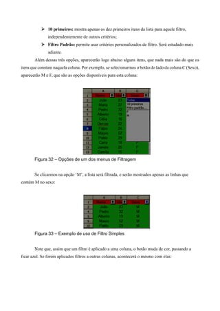  10 primeiros: mostra apenas os dez primeiros itens da lista para aquele filtro,
independentemente de outros critérios;
 Filtro Padrão: permite usar critérios personalizados de filtro. Será estudado mais
adiante.
Além dessas três opções, aparecerão logo abaixo alguns itens, que nada mais são do que os
itens que constam naquela coluna. Por exemplo, se selecionarmos o botão do lado da coluna C (Sexo),
aparecerão M e F, que são as opções disponíveis para esta coluna:
Figura 32 – Opções de um dos menus de Filtragem
Se clicarmos na opção ‘M’, a lista será filtrada, e serão mostrados apenas as linhas que
contém M no sexo:
Figura 33 – Exemplo de uso de Filtro Simples
Note que, assim que um filtro é aplicado a uma coluna, o botão muda de cor, passando a
ficar azul. Se forem aplicados filtros a outras colunas, acontecerá o mesmo com elas:
 