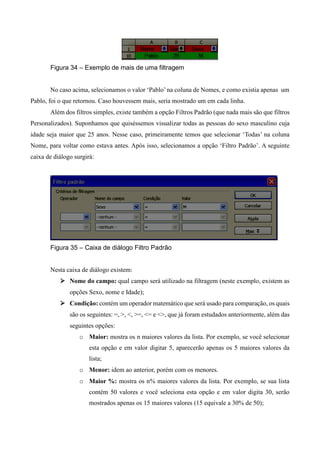 Figura 34 – Exemplo de mais de uma filtragem
No caso acima, selecionamos o valor ‘Pablo’ na coluna de Nomes, e como existia apenas um
Pablo, foi o que retornou. Caso houvessem mais, seria mostrado um em cada linha.
Além dos filtros simples, existe também a opção Filtros Padrão (que nada mais são que filtros
Personalizados). Suponhamos que quiséssemos visualizar todas as pessoas do sexo masculino cuja
idade seja maior que 25 anos. Nesse caso, primeiramente temos que selecionar ‘Todas’ na coluna
Nome, para voltar como estava antes. Após isso, selecionamos a opção ‘Filtro Padrão’. A seguinte
caixa de diálogo surgirá:
Figura 35 – Caixa de diálogo Filtro Padrão
Nesta caixa de diálogo existem:
 Nome do campo: qual campo será utilizado na filtragem (neste exemplo, existem as
opções Sexo, nome e Idade);
 Condição: contém um operador matemático que será usado para comparação, os quais
são os seguintes: =, >, <, >=, <= e <>, que já foram estudados anteriormente, além das
seguintes opções:
o Maior: mostra os n maiores valores da lista. Por exemplo, se você selecionar
esta opção e em valor digitar 5, aparecerão apenas os 5 maiores valores da
lista;
o Menor: idem ao anterior, porém com os menores.
o Maior %: mostra os n% maiores valores da lista. Por exemplo, se sua lista
contém 50 valores e você seleciona esta opção e em valor digita 30, serão
mostrados apenas os 15 maiores valores (15 equivale a 30% de 50);
 