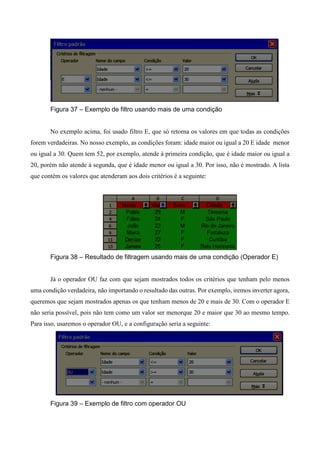 Figura 37 – Exemplo de filtro usando mais de uma condição
No exemplo acima, foi usado filtro E, que só retorna os valores em que todas as condições
forem verdadeiras. No nosso exemplo, as condições foram: idade maior ou igual a 20 E idade menor
ou igual a 30. Quem tem 52, por exemplo, atende à primeira condição, que é idade maior ou igual a
20, porém não atende à segunda, que é idade menor ou igual a 30. Por isso, não é mostrado. A lista
que contém os valores que atenderam aos dois critérios é a seguinte:
Figura 38 – Resultado de filtragem usando mais de uma condição (Operador E)
Já o operador OU faz com que sejam mostrados todos os critérios que tenham pelo menos
uma condição verdadeira, não importando o resultado das outras. Por exemplo, iremos inverter agora,
queremos que sejam mostrados apenas os que tenham menos de 20 e mais de 30. Com o operador E
não seria possível, pois não tem como um valor ser menorque 20 e maior que 30 ao mesmo tempo.
Para isso, usaremos o operador OU, e a configuração seria a seguinte:
Figura 39 – Exemplo de filtro com operador OU
 